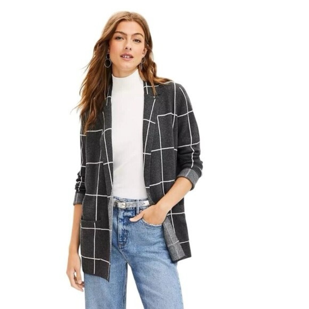 Loft gray Windowpane Relaxed Sweater Blazer Open Front Pockets Sustainable
